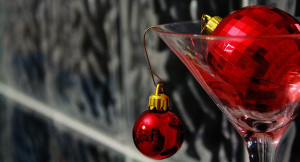 martini glass with christmas tree ornaments
